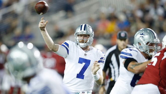Cooper Rush #7 of the Dallas Cowboys throws a pass in the third quarter of the NFL Hall of Fame preseason game against the Arizona Cardinals at Tom Benson Hall of Fame Stadium on August 3, 2017 in Canton, Ohio.