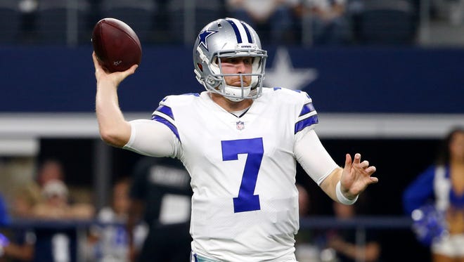 Dallas Cowboys quarterback Cooper Rush (7) throws a pass in the second half of a preseason NFL football game against the Oakland Raiders on Saturday, Aug. 26, 2017, in Arlington, Texas.
