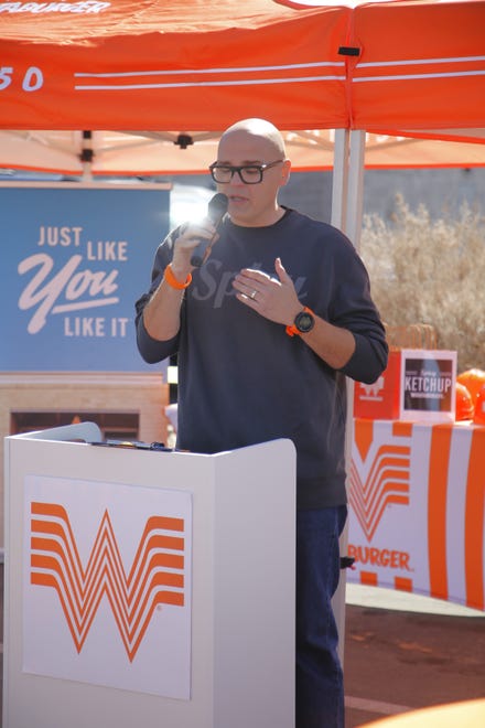 Key operator George Darrah addresses the crowd Tuesday, March 12 at the location on East Main Street in Farmington where Whataburger plans to open its first Four Corners restaurant this summer.