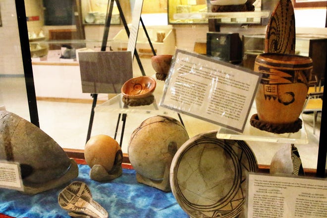 Pottery and other artifacts are on display in the Salmon Ruins Museum in Bloomfield. The Salmon Pueblo is among the most accessible pre-colonial Native American sites in New Mexico. The partially-excavated but unimproved site was built starting in 1088 and is an example of an Anasazi ancestral Pueblo. About 300 people lived there until 1288, when evidence indicates it was abandoned. The site contains a museum and the remains of the Salmon family homestead. For more information, call the museum at 505-632-2013. The museum is located at 6131 U.S. Highway 64 near downtown Bloomfield.