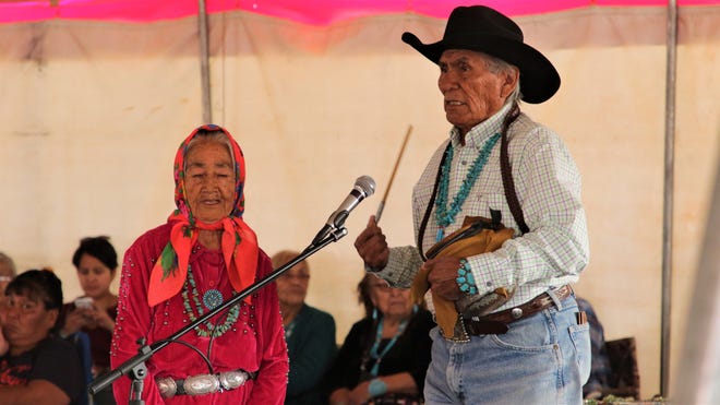 Singers perform during an Elder Fest dance competition, Thursday, Oct. 3, 2019, at the 108th Northern Navajo Nation Fair in Shiprock.