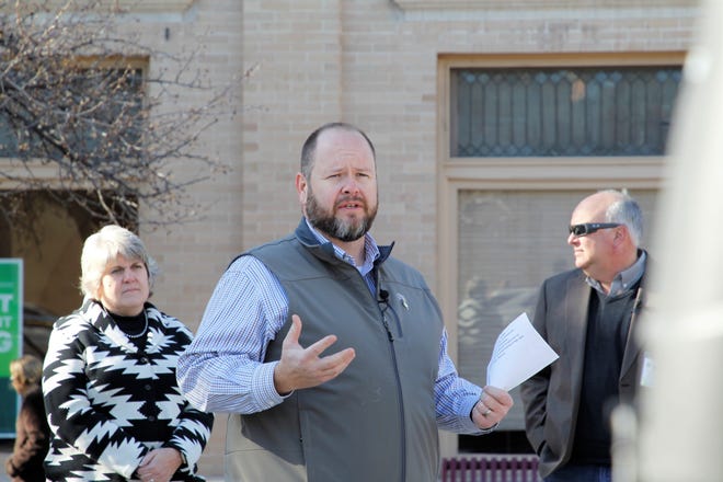 Farmington Mayor Nate Duckett, seen in this file photo speaking at the groundbreaking ceremony for the Complete Streets Project in Orchard Park in downtown Farmington on Dec. 20, 2019, released a hopeful message this month to the community via video.