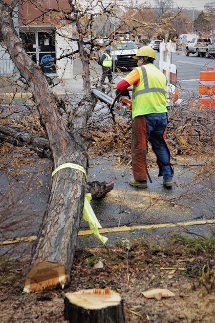 A city worker slices the branches off a downed tree at the corner of West Main Street and Allen Avenue Dec. 27, 2019, in preparation for the beginning of construction on the Complete Streets project.