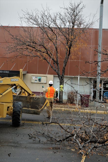 City workers prepare to bring down a tree near the intersection of West Main Street and Allen Avenue on Dec. 27, 2019, in preparation for the beginning of the Complete Streets project.