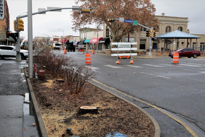 Road closure signs block drivers from using Main Street at the intersection with Orchard Avenue on Dec. 27, 2019, as preparations began for construction of the Complete Streets project in downtown Farmington in early January.