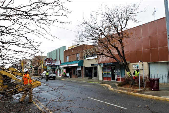 City workers cut down a tree on West Main Street on Dec. 27, 2019, in preparation for the beginning of construction of the Complete Streets project in early January.