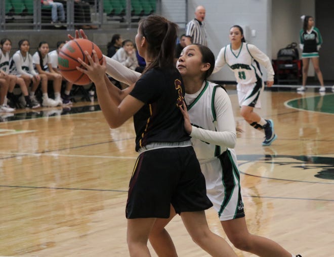 Farmington's Kiiyani Anitielu swipes the ball away from Tohatchi's Krystal Benally during Saturday's girls basketball game at Scorpion Arena in Farmington.