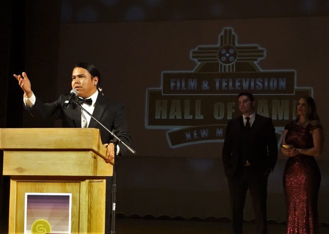 Filmmaker Kody Dayish addresses the crowd Feb. 16 at the Scottish Rite Temple in Santa Fe during an induction ceremony for the New Mexico Film and Television Hall of Fame.