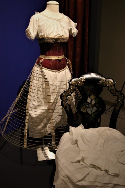An 1860s hoop crinoline adorns a mannequin in the "Inside Out" exhibition at the Farmington Museum at Gateway Park.