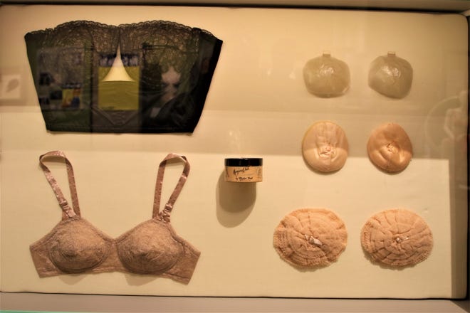 A strapless bra, a "petal pusher" bra, a bra pads box, a pair of inflatable inserts and two pairs of fabric falsies are featured in a 1950s display that is part of the "Inside Out" exhibition at the Farmington Museum at Gateway Park.
