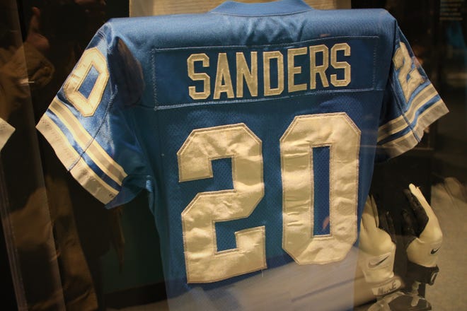 Barry Sanders' Detroit Lions jersey is included in the "Gridiron Glory" show at the Farmington Museum at Gateway Park.