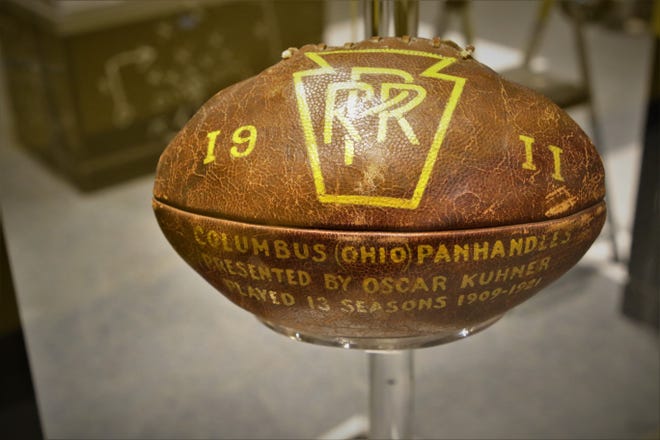 This early version of a pigskin is featured in the "Gridiron Glory" exhibition at the Farmington Museum at Gateway Park.