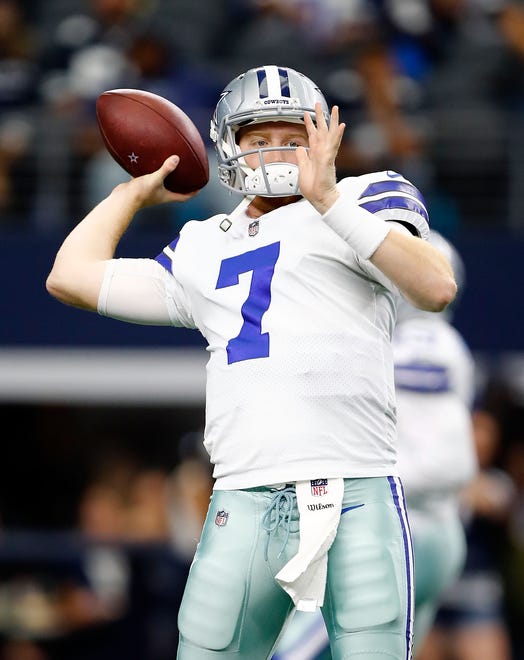 Cooper Rush #7 of the Dallas Cowboys throws a pass during warm ups before the game against the Jacksonville Jaguars at AT&T Stadium on October 14, 2018 in Arlington, Texas.