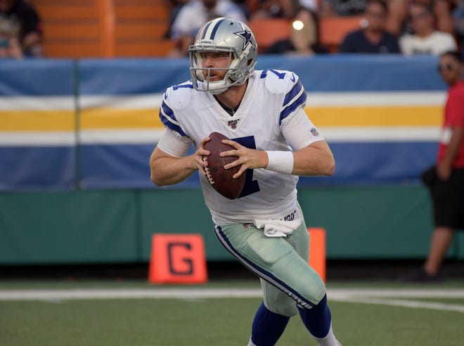 Aug 17, 2019;  Honolulu, HI, USA; Dallas Cowboys quarterback Cooper Rush (7) throws the ball in the second half against the Los Angeles Rams at Aloha Stadium.The Cowboys defeated the Rams 14-10.