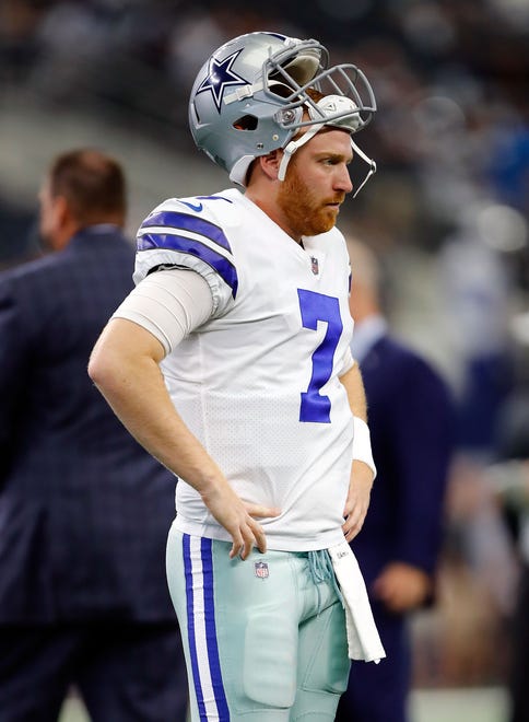 Cooper Rush #7 of the Dallas Cowboys stands on the field during warm-ups before the game against the Jacksonville Jaguars at AT&T Stadium on October 14, 2018 in Arlington, Texas.