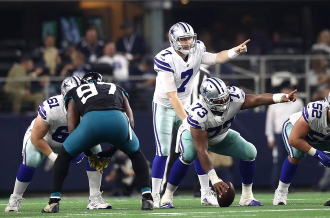 Cooper Rush #7 of the Dallas Cowboys at AT&T Stadium on October 14, 2018 in Arlington, Texas.