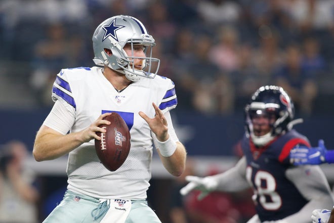 Aug 24, 2019; Arlington, TX, USA; Dallas Cowboys quarterback Cooper Rush (7) throws a pass in the second quarter against the Houston Texans at AT&T Stadium.