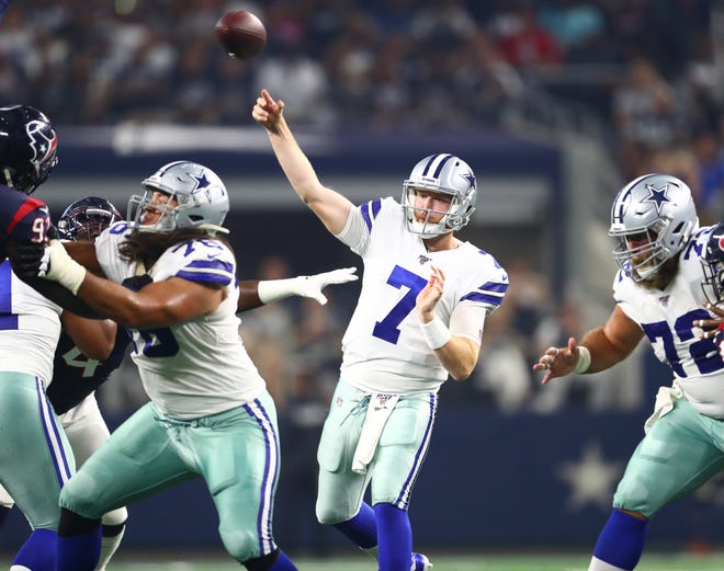 Aug 24, 2019; Arlington, TX, USA; Dallas Cowboys quarterback Cooper Rush (7) throws in the pocket against the Houston Texans at AT&T Stadium.
