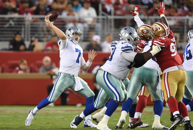 Cooper Rush #7 of the Dallas Cowboys throws a pass against the San Francisco 49ers in the second quarter of their NFL preseason football game at Levi's Stadium on August 9, 2018 in Santa Clara, California.
