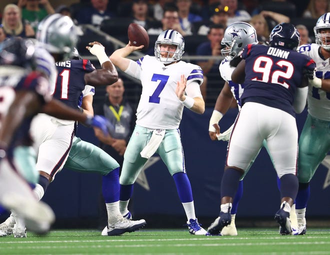 Aug 24, 2019; Arlington, TX, USA; Dallas Cowboys quarterback Cooper Rush (7) throws in the pocket against the Houston Texans at AT&T Stadium.