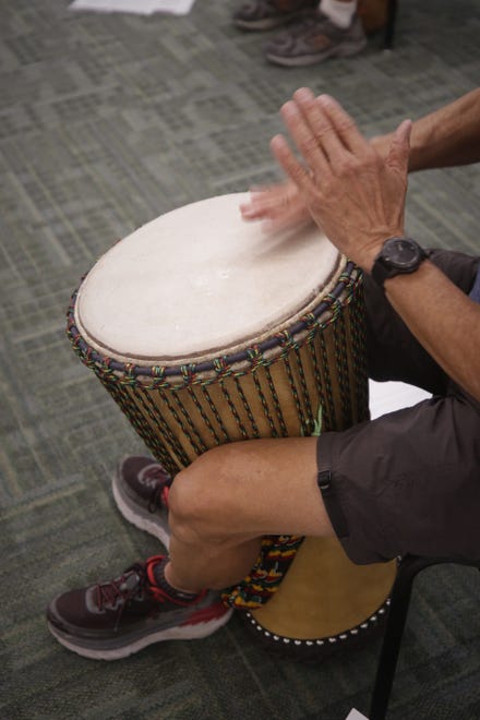 Student Charlie Higby maintains a rhythm on his djembe during an African drumming class on Aug. 24, 2020, on the San Juan College campus in Farmington.