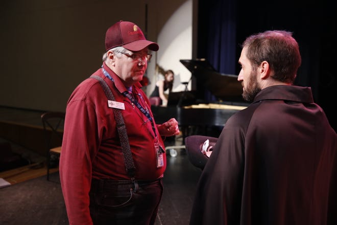 Farmington Civic Center supervisor Randy West, left, speaks with actor Matthew Aaron on Sept. 19, 2019, during rehearsals for the Four Corners Musical Theatre Company production of "The Musical of Musicals (The Musical!)." The company will return in January with a production of "Now. Here. This."