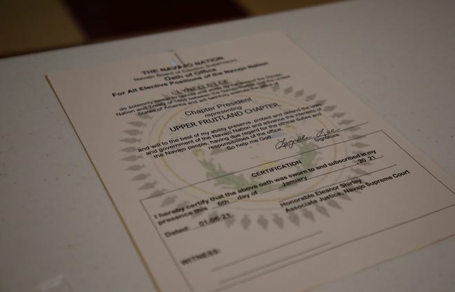 The certificate for the Upper Fruitland Chapter presidency is seen on Jan. 6 during the virtual Navajo Nation chapter government inauguration.
