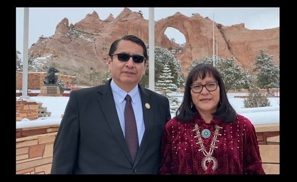 Navajo Nation President Jonathan Nez and first lady Phefelia Nez address recipients of the Chief Manuelito Scholarship in a virtual event on March 3.