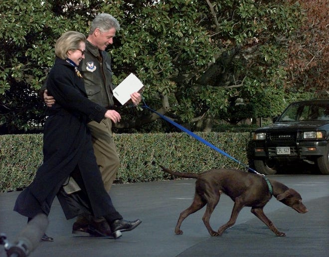 President Clinton, center, and first lady Hillary Rodham Clinton also had chocolate lab, Buddy, during their time in the White House.
