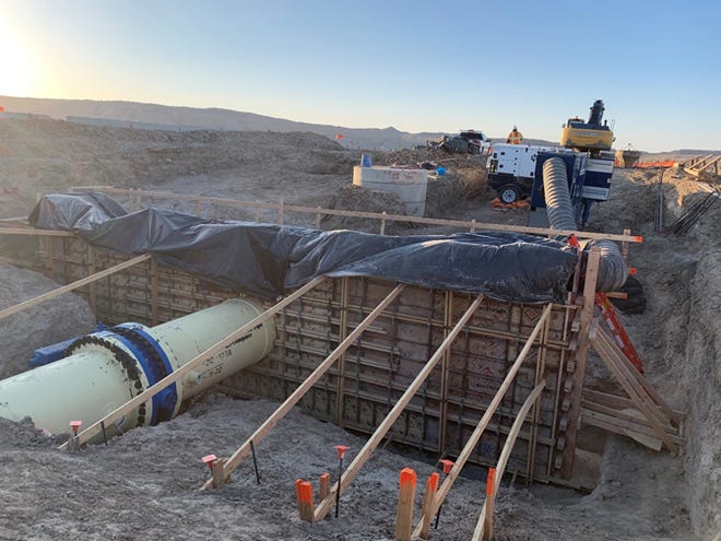 Work continues on a section of the San Juan Lateral of the Navajo-Gallup Water Supply Project on March 30.