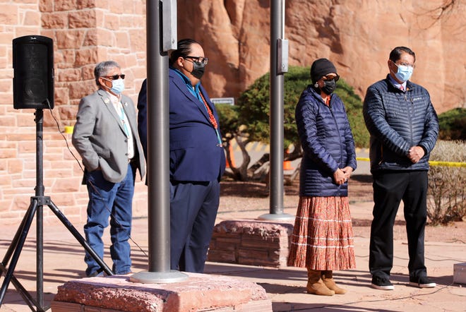 At left, Delegate Paul Begay, Speaker Seth Damon, Navajo Nation first lady Phefelia Nez and Navajo Nation President Jonathan Nez listen to remarks during the sexual assault awareness and prevention event on April 19 in Window Rock, Arizona.