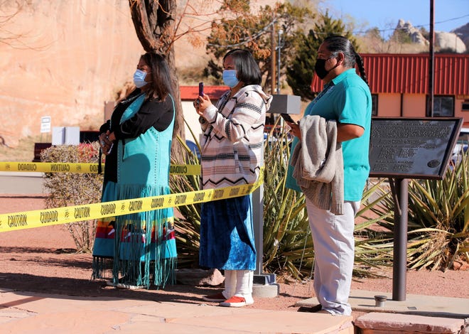 Employees from the Navajo Nation Office of the Speaker listen to remarks on April 19 during an event in Window Rock, Arizona to raise awareness and to advocate prevention of sexual assaults.