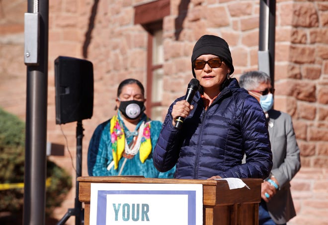 Navajo Nation first lady Phefelia Nez talks about sexual assault prevention during an event about the topic on April 19 in Window Rock, Arizona.