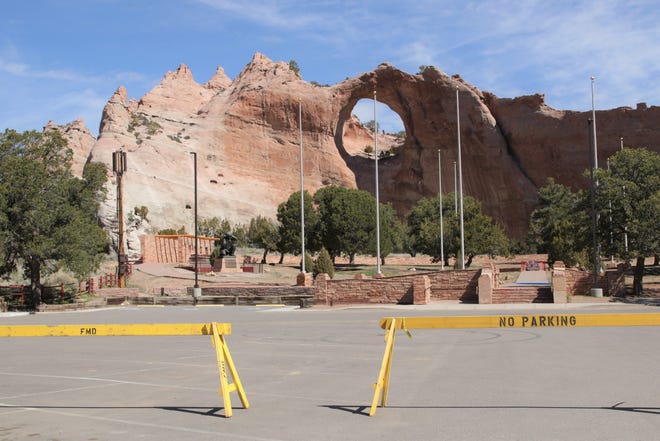 Barricades sit in the parking lot at the Veterans Memorial Park on March 29, 2020 in Window Rock, Arizona. A new public health emergency order would reopen the park to those who live on the Navajo Nation.